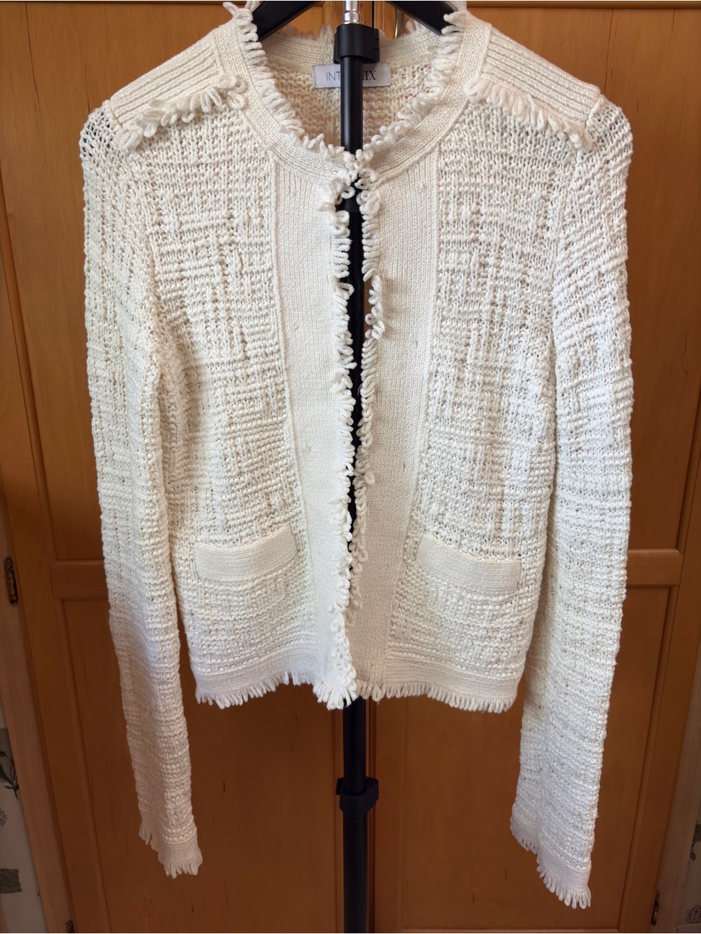 INTERMIX Cream Ivory Fringe Tweed Knit Jacket Collarless Open Front Small Size 2